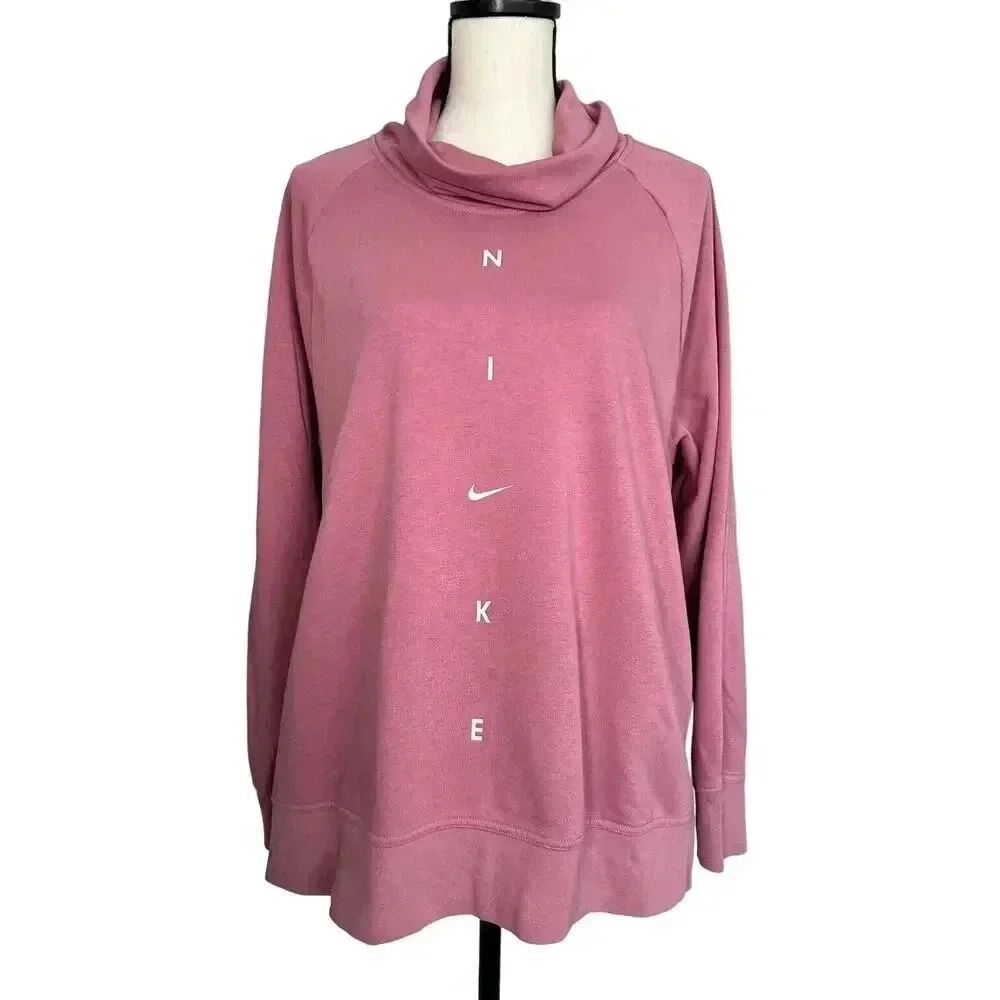 Nike Pink Funnel Neck Turtleneck Tunic Sweatshirt Pockets Logo Athleisure Size L - Picture 2 of 14